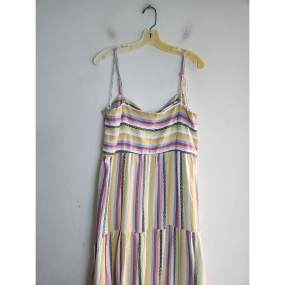 Julia Jordan Beige w/Blue Pink Yellow Strips Tiered Cotton Midi Dress size 16 - Picture 5 of 10